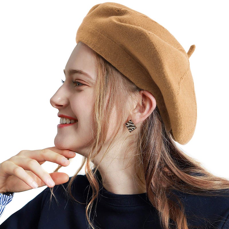 LADYBRO Women Beret Hat Beanie Winter Warm Slouchy Tan Knit Cap 2 Layers Wool Blend Soft - Image 1